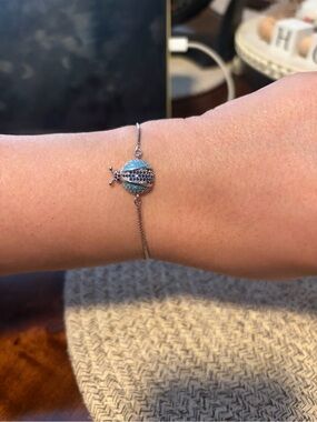 Silver Ladybug Bracelet with Blue Crystal Accents